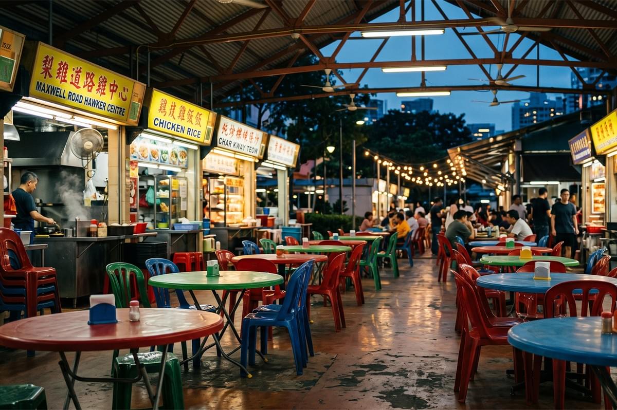 Warm atmosphere of a traditional Singaporean hawker centre at twilight, featuring iconic colorful plastic tables and chairs under a high ceiling, capturing a nostalgic dining experience.