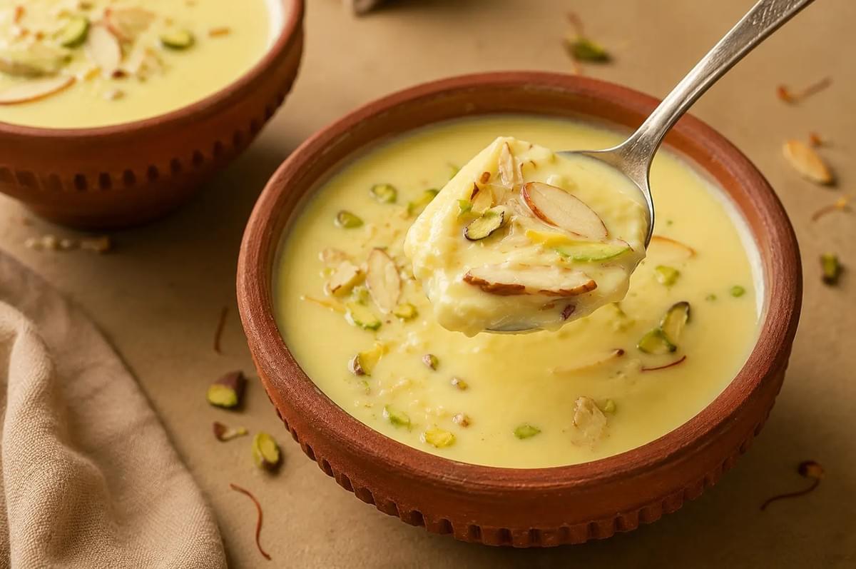 A spoon scooping thick kheer garnished with sliced nuts from a traditional clay bowl.