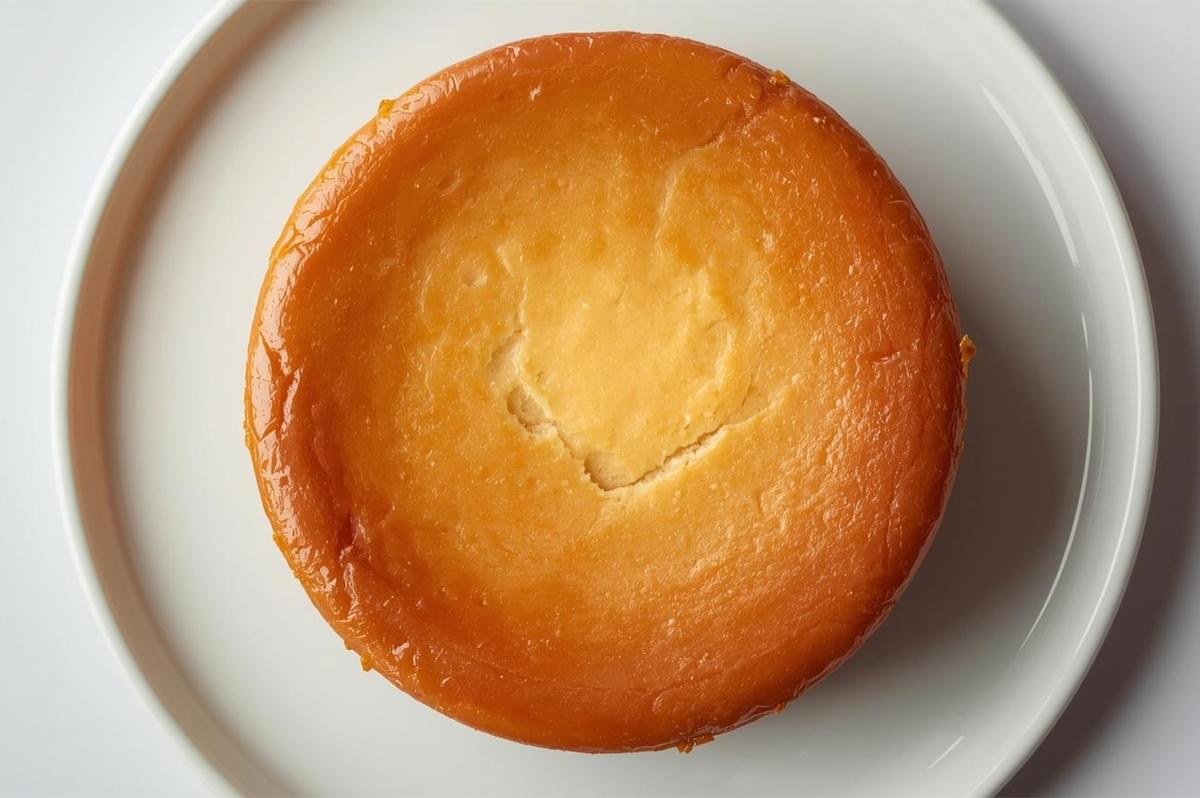 Overhead shot of a whole cheesecake with a shiny, deep golden-brown caramelized top, resting on a white serving plate.