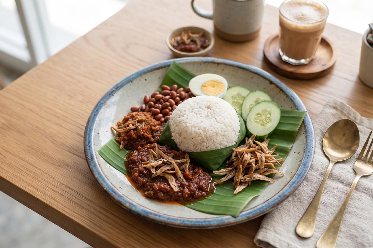 Nasi lemak with sambal, fried anchovies, peanuts, cucumber slices, and boiled egg served on a banana leaf.