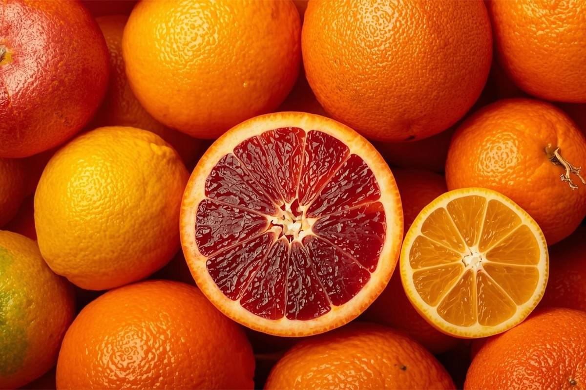 Overhead, close-up view of a vibrant assortment of citrus fruits, centered on a halved blood orange and a smaller sliced lemon, surrounded by whole oranges and lemons.