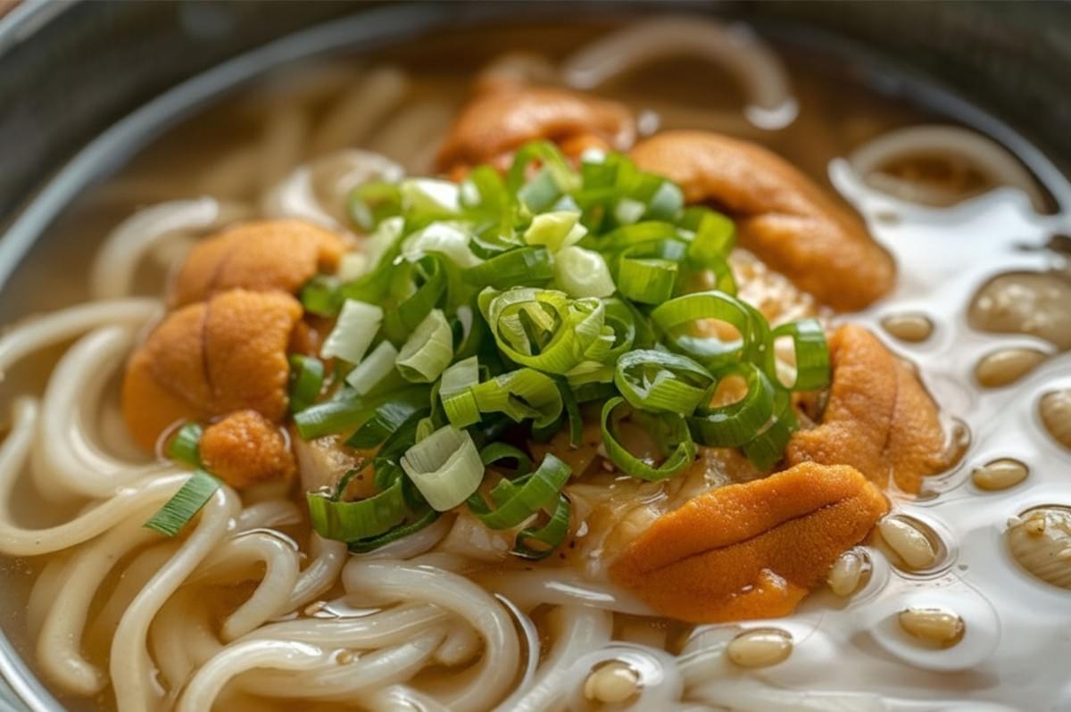 A close-up view of a bowl of Japanese noodle soup topped with fresh, orange sea urchin (uni) and garnished with chopped green onions.