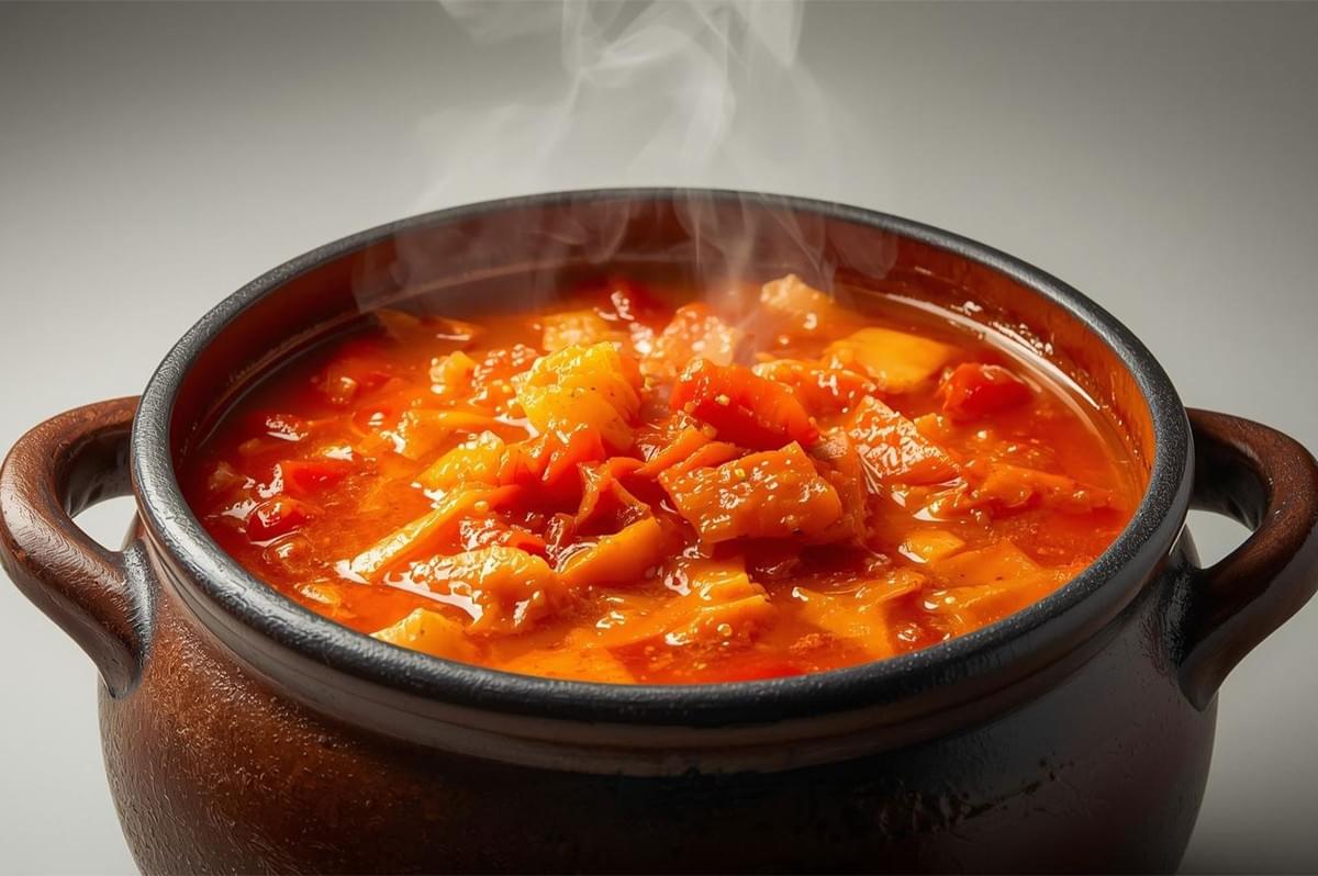 A close-up of a dark, rustic earthenware pot filled with bubbling, fiery red Kimchi Jjigae (Korean kimchi stew), with visible steam rising.