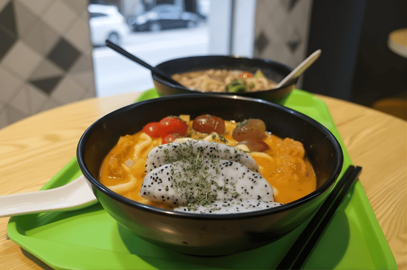 A bowl of steaming curry udon with dragon fruit and tomatoes served on a bright green tray with black chopsticks and a white spoon. Another bowl of noodles is visible in the background against a modern cafe interior.