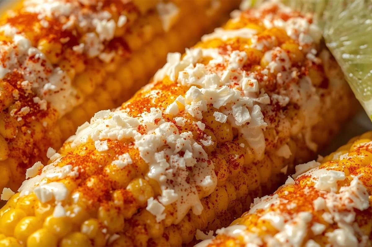 Extreme close-up of Mexican street corn (Elote) coated in a white creamy sauce, crumbled white cheese, and sprinkled generously with red chili powder.