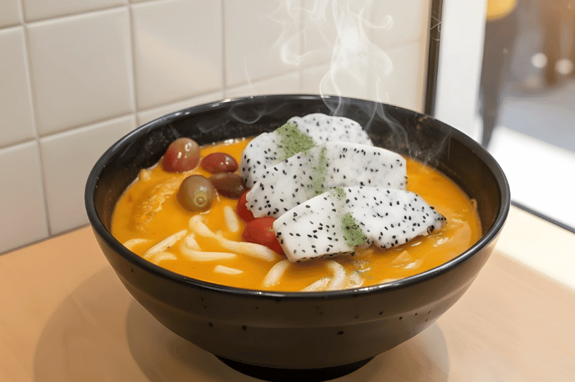 A side-angle close-up of the signature curry bowl, highlighting three thick slices of white dragon fruit with black seeds resting on a bed of udon noodles. The rich, creamy orange curry broth is topped with grapes and cherry tomatoes.