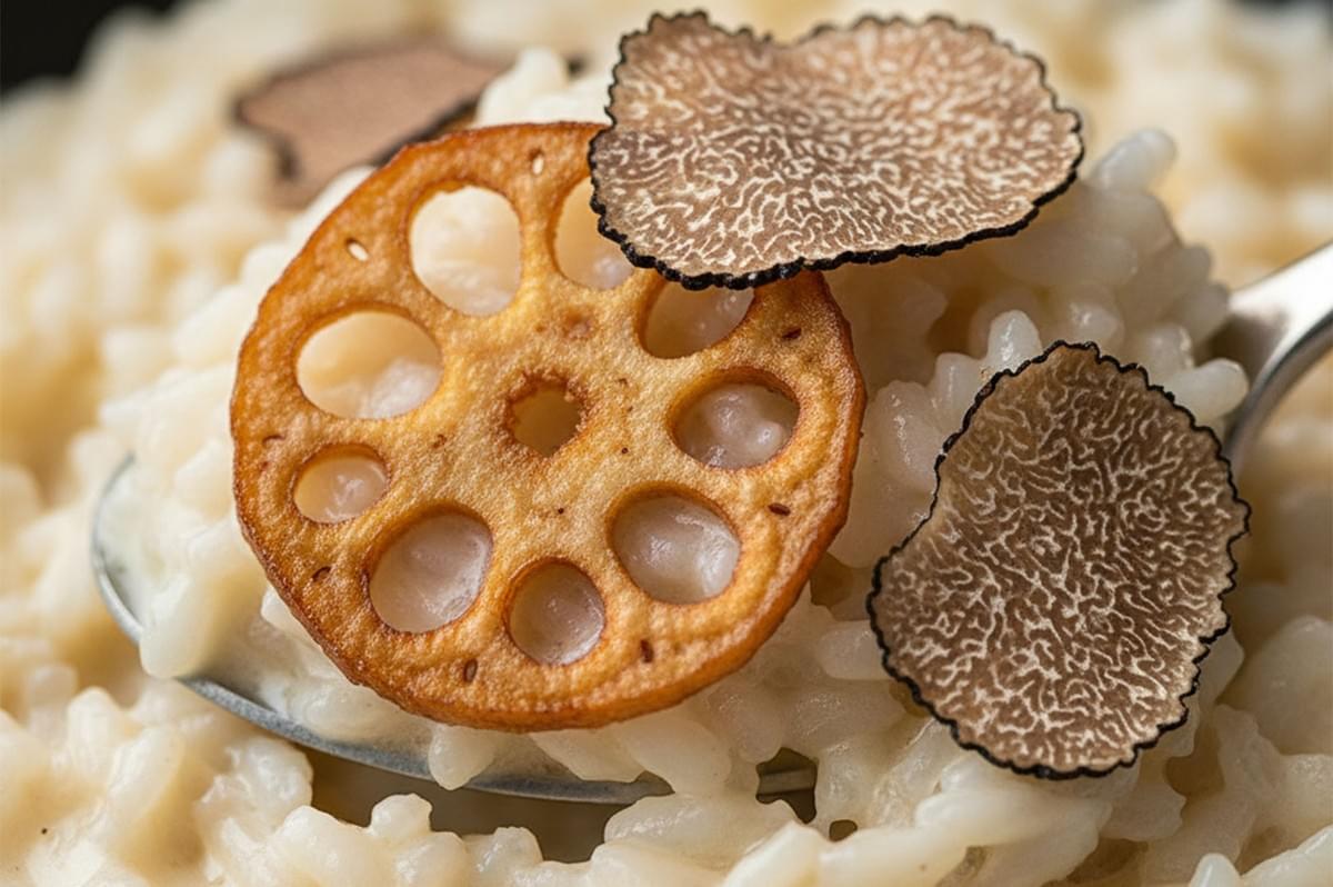 Macro close-up of a creamy risotto dish garnished with a crispy golden fried lotus root chip and thin shavings of fresh black truffle.