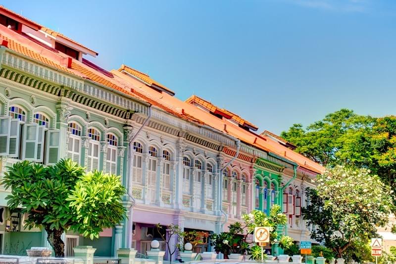 This image captures a row of vibrant, pastel-colored shophouses featuring intricate architectural details and orange-tiled roofs. Lush green trees and clear blue skies frame the ornate windows and decorative facades of these historic buildings.