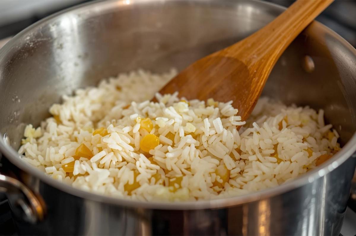 Close-up of white rice mixed with yellow corn kernels or other small ingredients, being stirred with a wooden spoon in a metal pot on the stove.