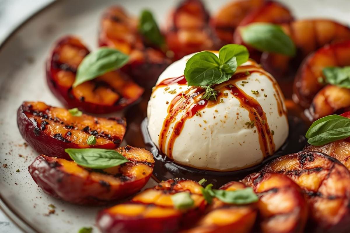 A gourmet appetizer featuring a ball of fresh burrata cheese drizzled with balsamic glaze, surrounded by grilled, caramelized peach or plum slices and fresh basil leaves.