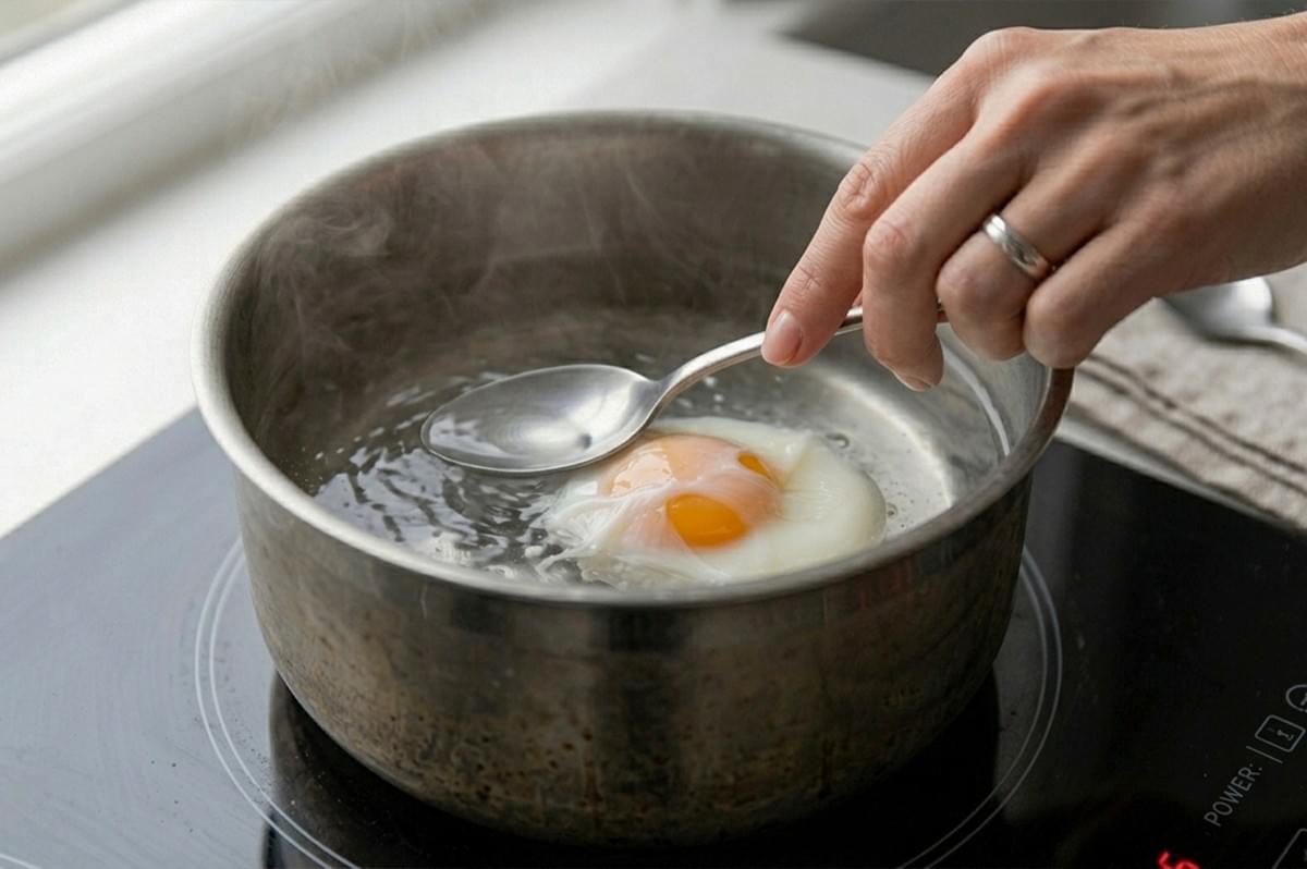 Action shot of an egg being poached in a stainless steel pot of simmering water. A person's hand, wearing a silver wedding band, uses a metal spoon to gently guide the egg white around the yolk to maintain a round shape. Wisps of steam rise from the water's surface. The pot sits on a black glass induction cooktop, and the scene is brightly lit by natural light from a nearby window.