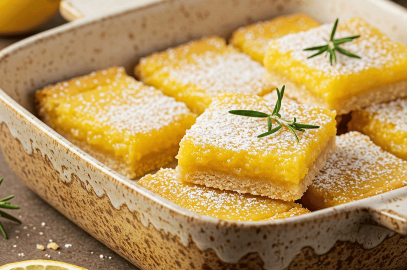 Several lemon bars arranged in a rustic, speckled ceramic baking dish. The bars are garnished with tiny sprigs of fresh rosemary and a light dusting of powdered sugar, highlighting a gourmet twist on the classic dessert.