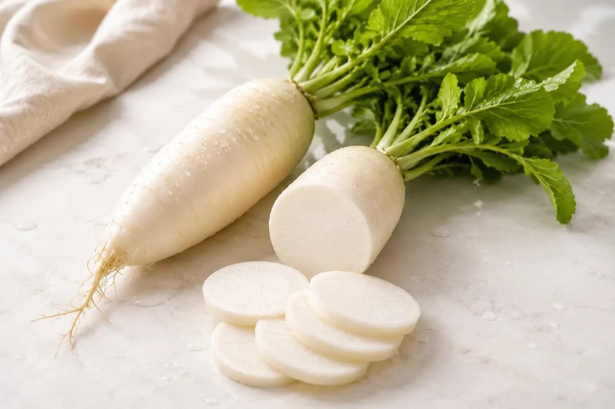 Whole daikon radish alongside a cut half and round slices on a counter.