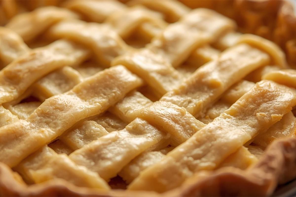 Extreme close-up of a finished, golden-brown pie with a beautifully woven lattice crust top, showing the glistening, flaky pastry texture.