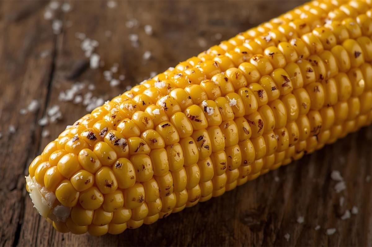 Extreme close-up of a perfectly cooked, golden yellow corn on the cob with grill marks and large flakes of sea salt visible on a rustic wooden surface.