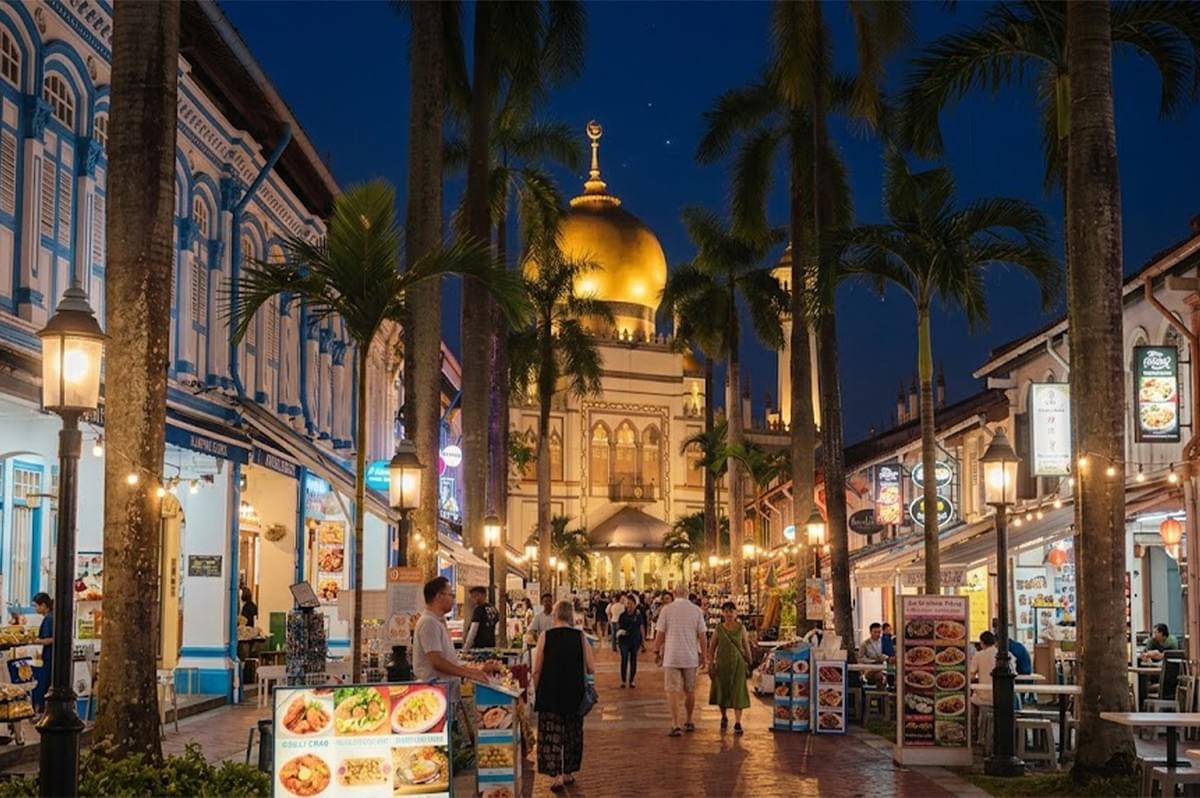 Evening view of Bussorah Street lined with palm trees leading to Sultan Mosque in Kampong Glam, Singapore.