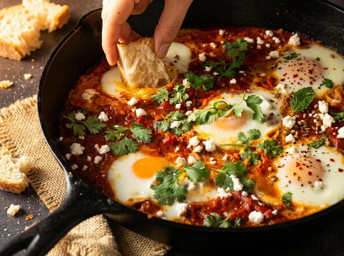 A close-up of a hand dipping a piece of crusty bread into a runny egg yolk in a cast-iron skillet of shakshuka, garnished with crumbled feta cheese and fresh cilantro.