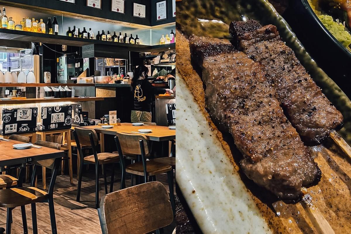 Left: Wide-angle eye-level view of a cozy Japanese izakaya interior with wooden tables and chairs, open kitchen counter, shelves lined with sake and liquor bottles, and warm ambient lighting highlighting a casual dining atmosphere. Right: Close-up, top-down angle of grilled beef skewers on a ceramic plate, showing charred edges, glossy glaze, and textured meat surface with visible seasoning.
