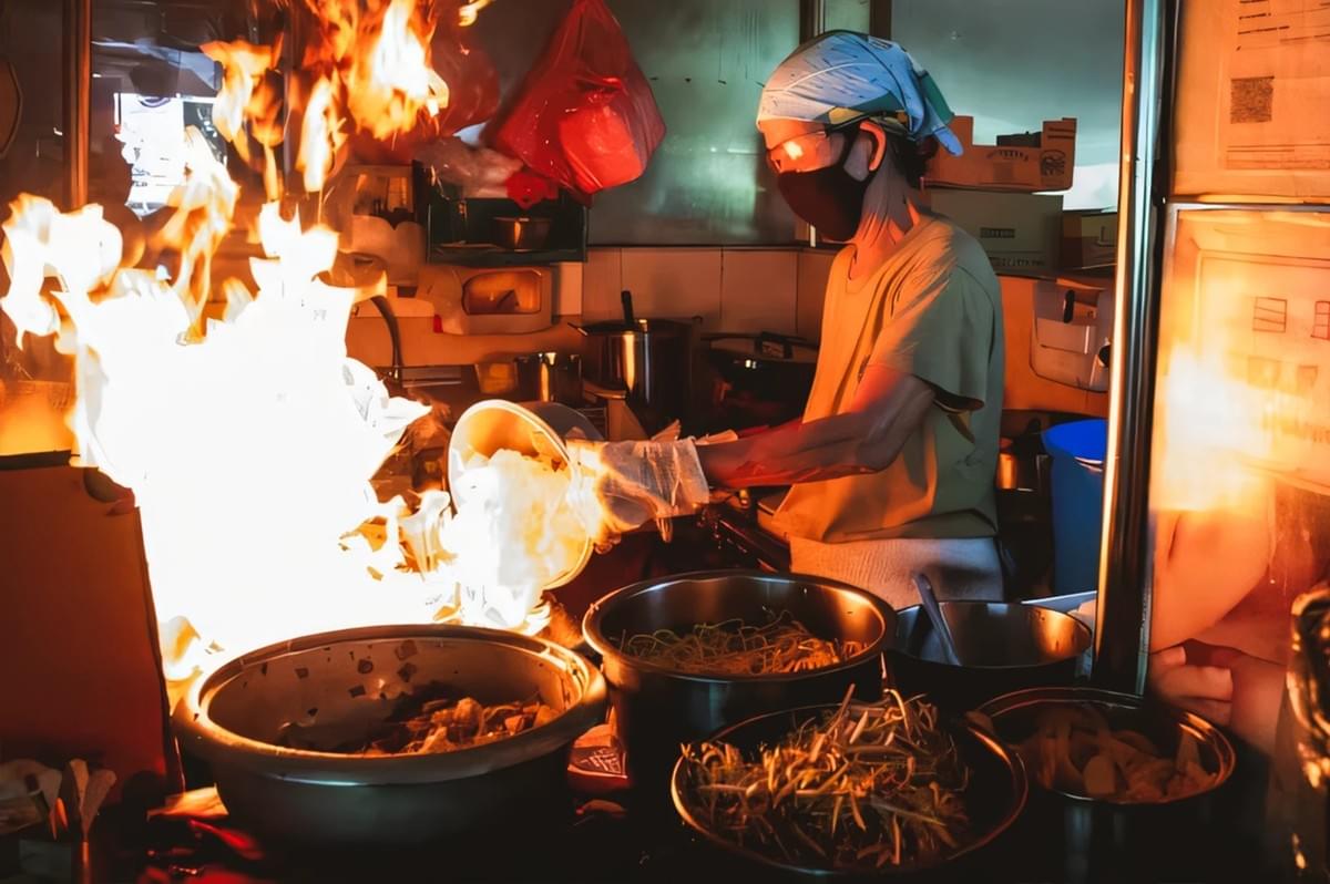 Eye-level action shot of a street food chef wearing a face mask and headscarf, cooking noodles over open flames in a cramped kitchen, with fire flaring from a wok and metal bowls filled with ingredients in the foreground.