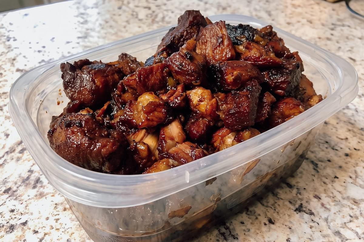 Close-up shot of Filipino pork adobo made with pork belly simmered in soy sauce, vinegar, garlic, and peppercorns, stored in an airtight container for meal prep and food preservation