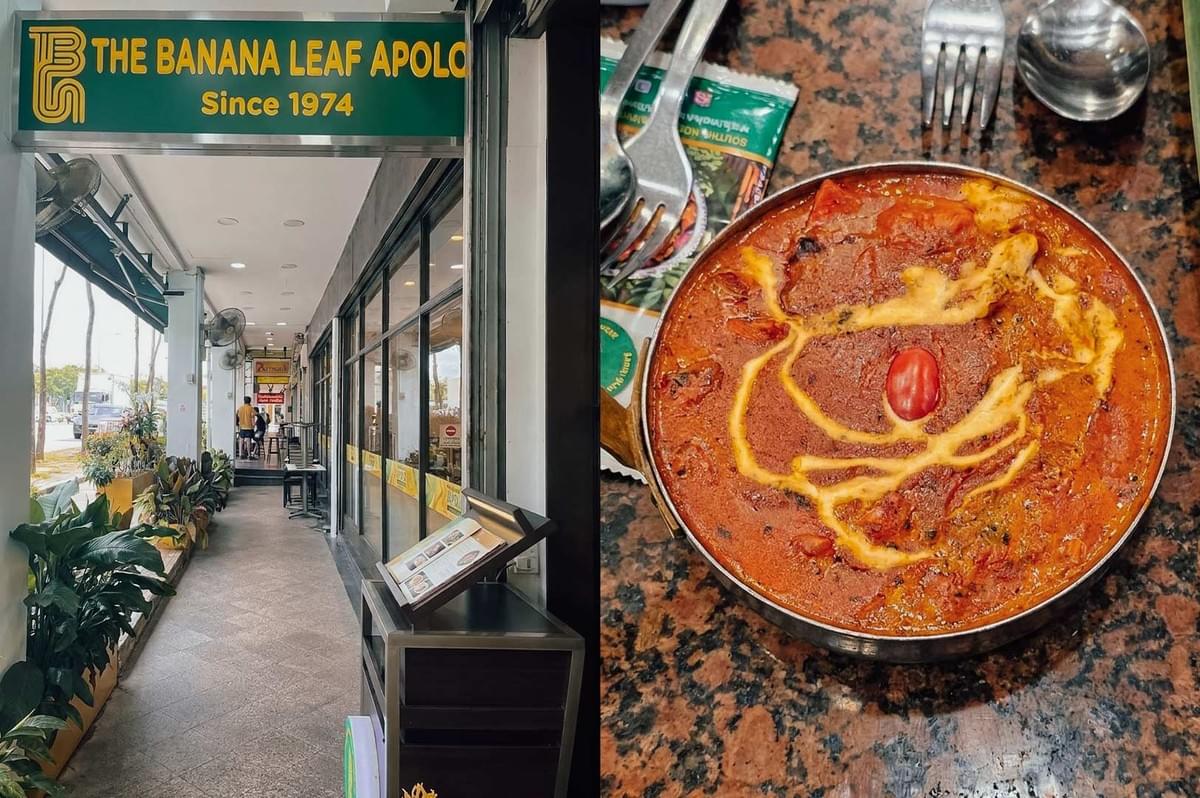 A two-panel collage highlighting The Banana Leaf Apolo restaurant: the left panel shows the outdoor covered walkway entrance featuring a green sign that reads "THE BANANA LEAF APOLO Since 1974"; the right panel shows a top-down view of a stainless steel bowl filled with rich, reddish-orange Indian curry drizzled with cream and garnished with a cherry tomato.  Caption