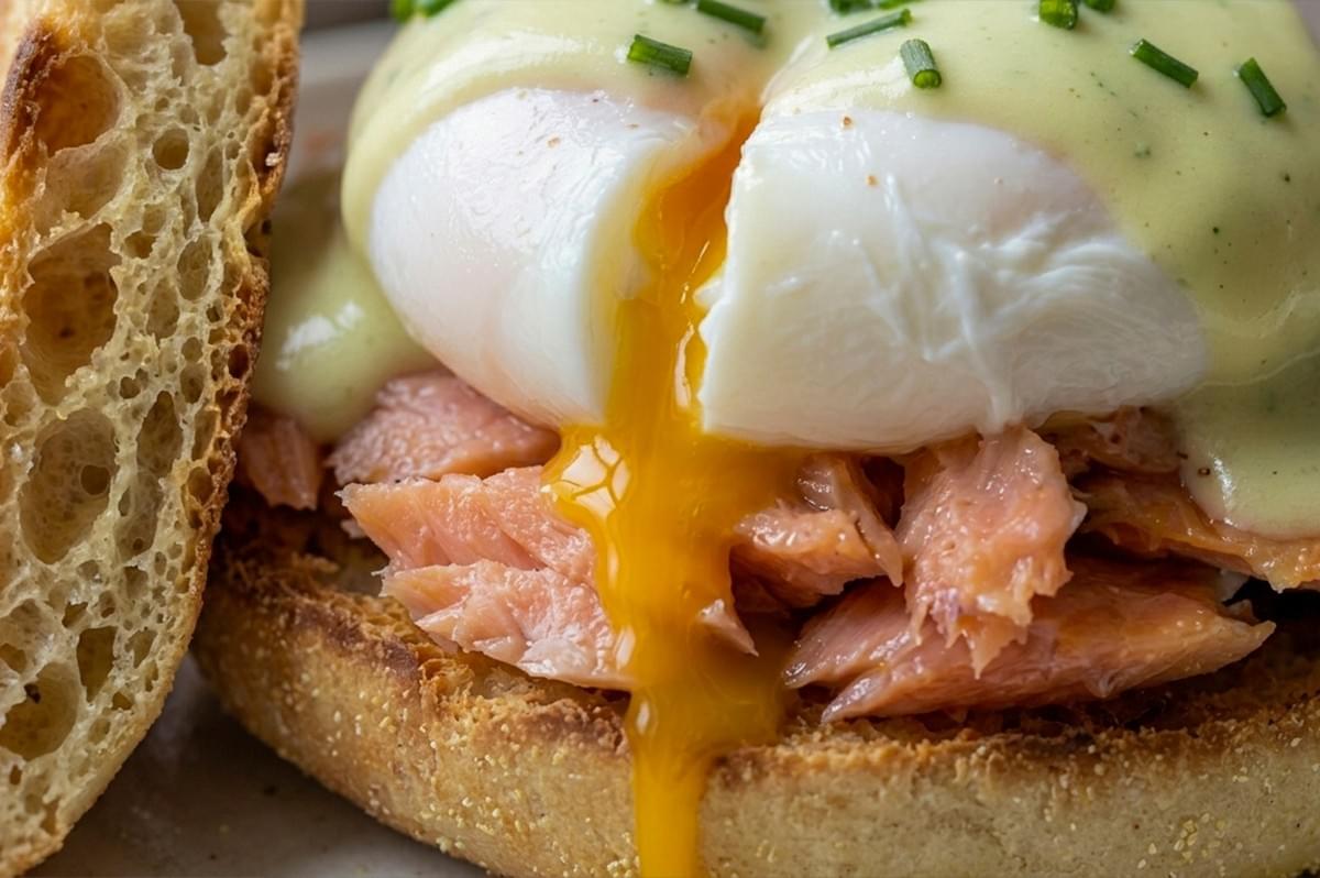 Macro close-up of the Wasabi Hollandaise Eggs Benedict at the moment it is sliced open. A thick, vibrant orange egg yolk oozes out from the center of the white poached egg, running down over the textured flakes of pink smoked salmon and onto the toasted English muffin. The pale green, herb-flecked hollandaise sauce is visible on top, and the craggy, golden-brown interior of the toasted muffin is shown in sharp detail on the left.