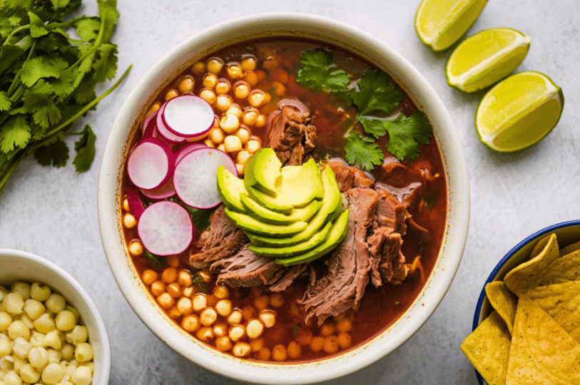 A vibrant white bowl of Pozole Rojo topped with a beautiful fanned avocado, thin radish slices, and fresh cilantro, served with lime wedges and tortilla chips.
