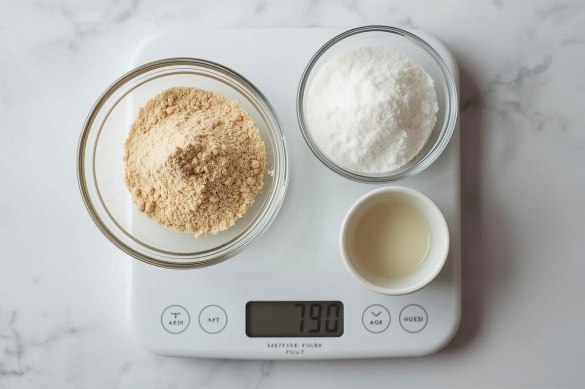 An overhead shot of a digital kitchen scale displaying the weight, with glass bowls containing almond flour, powdered sugar, and liquid (likely egg whites), showing precise macaron ingredients.