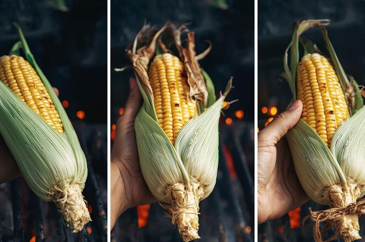 Three-panel sequence showing the process of grilling corn: (left) corn pulled back in the husk over the grill, (center) being held over the heat, and (right) the husk tied for grilling.