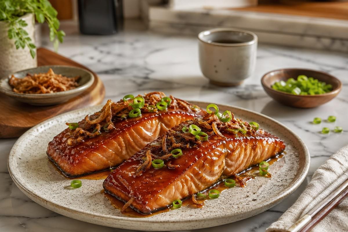 A rustic ceramic bowl filled with Ochazuke, a Japanese comfort dish. In the center of the bowl, flaked pink salmon is topped with a single, plump reddish-purple Umeboshi (pickled plum), surrounded by rectangular strips of dark green nori seaweed and a sprinkling of toasted sesame seeds. From the upper right, a steady stream of clear, golden-green dashi or tea is being poured from a traditional tan ceramic teapot into the bowl, partially submerging the white rice at the bottom. The background is softly blurred, showing extra nori, sesame seeds, and salmon on wooden platters, all set against a dark, textured tabletop that enhances the warm, cozy atmosphere.
