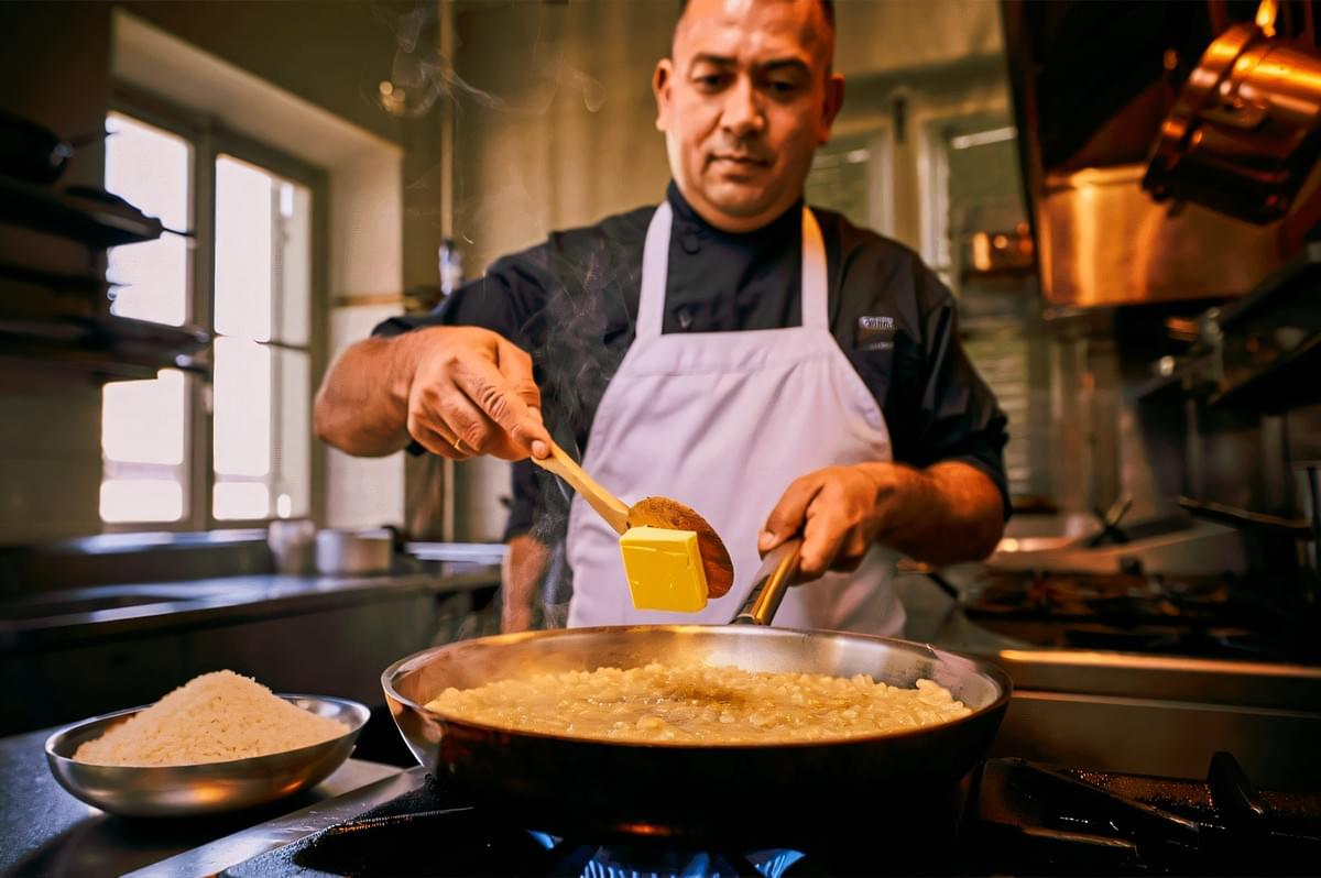 Cook adding a cube of butter to a steaming pan of risotto in a professional stainless steel kitchen.