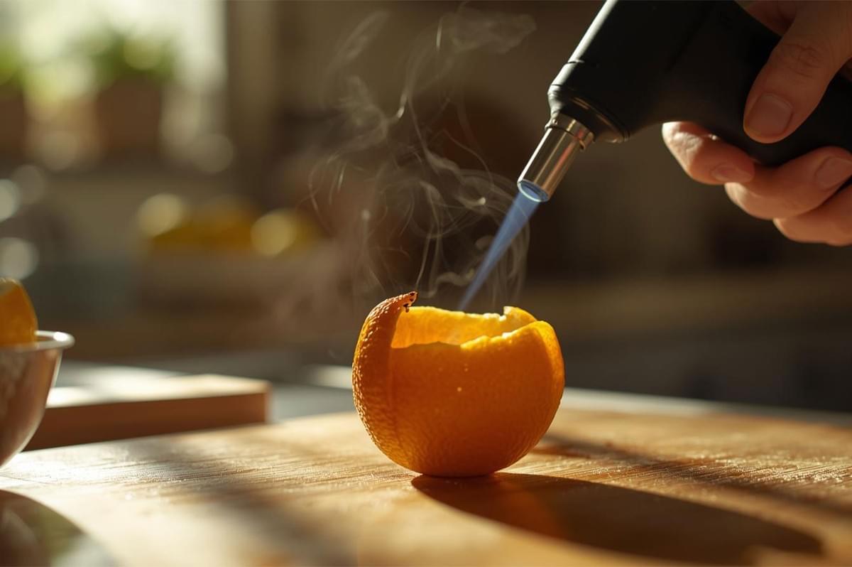 A hand using a culinary blowtorch to burn the rim of a hollowed-out orange peel, creating smoke and aromatic zest in a sunlit kitchen setting.