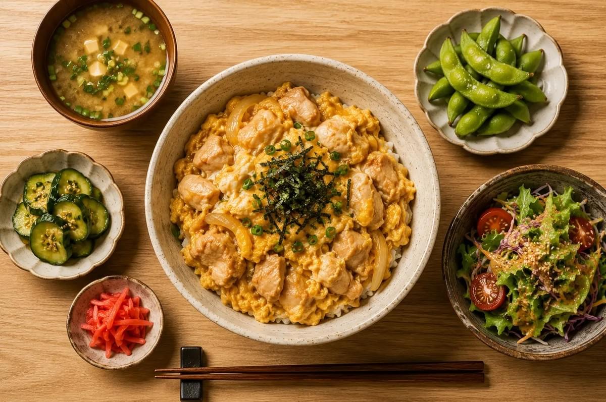 A top-down shot of an Oyakodon meal spread on a wooden table. The large center bowl of chicken and egg rice is surrounded by small side dishes: miso soup, edamame, a garden salad, pickled cucumbers, and red pickled ginger, with chopsticks placed neatly at the bottom.