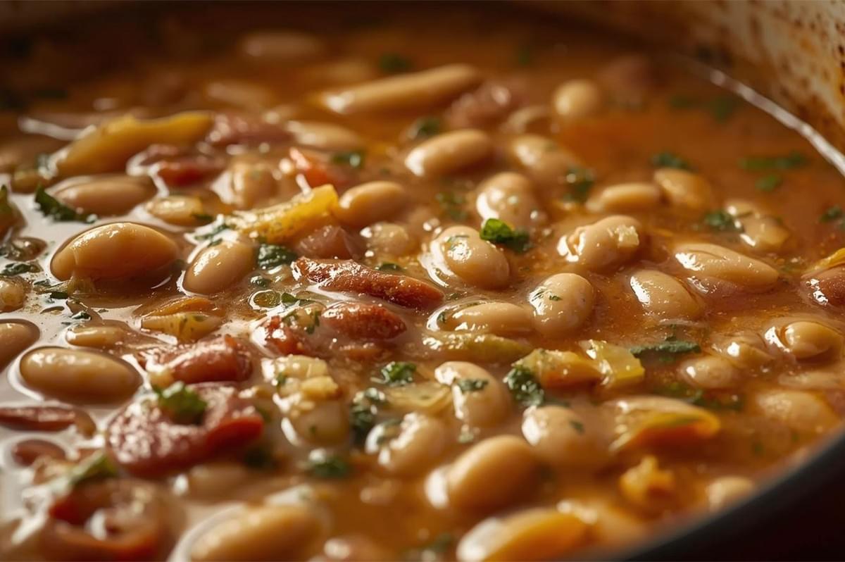 A close-up shot of a pot of thick, hearty white bean stew gently simmering in a rich, reddish broth, with visible slices of chorizo or spicy sausage and parsley flakes.