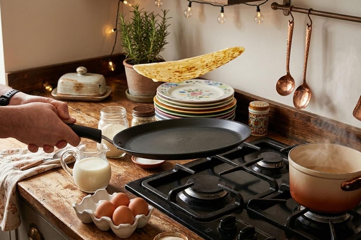 Person flipping crepe in pan over gas stove in warm rustic kitchen with copper utensils and fairy lights