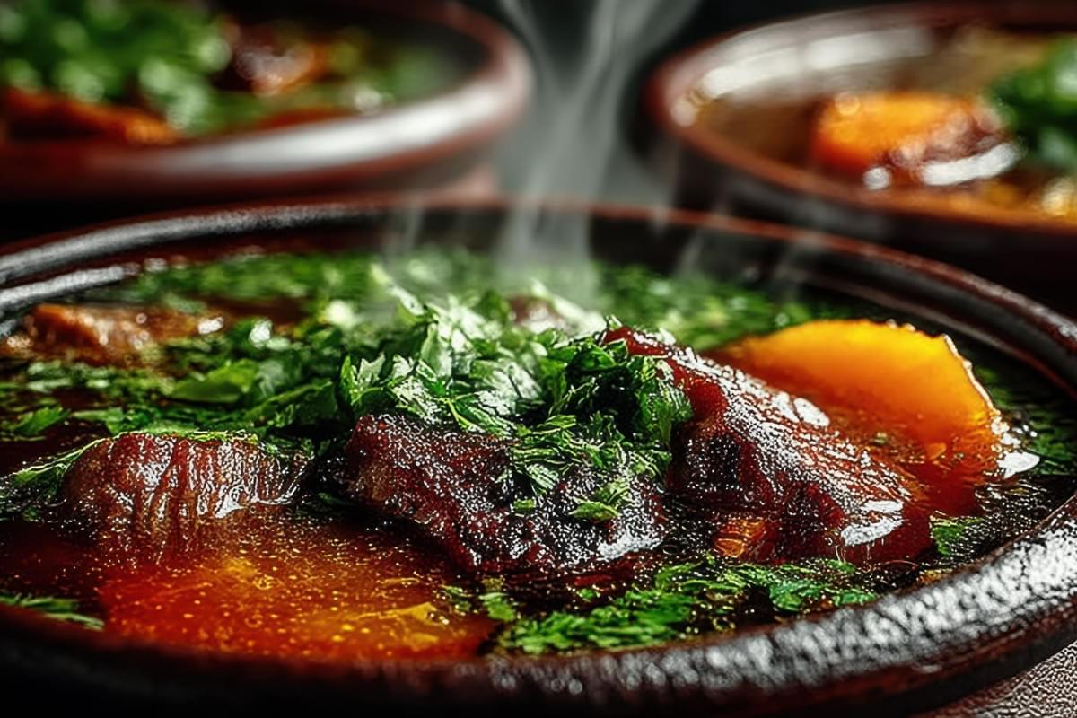 This close-up captures a rustic clay bowl filled with a rich, steaming stew featuring tender meat chunks and large pieces of orange vegetables. A generous garnish of fresh green herbs tops the dish, adding a pop of color against the dark, glossy broth and moody background.