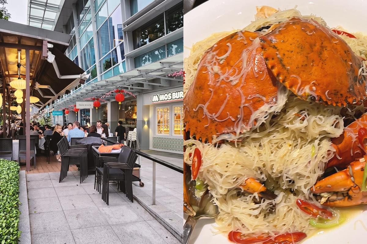 Collage of Palm Beach Seafood Restaurant storefront and plain crab bee hoon with chilis
