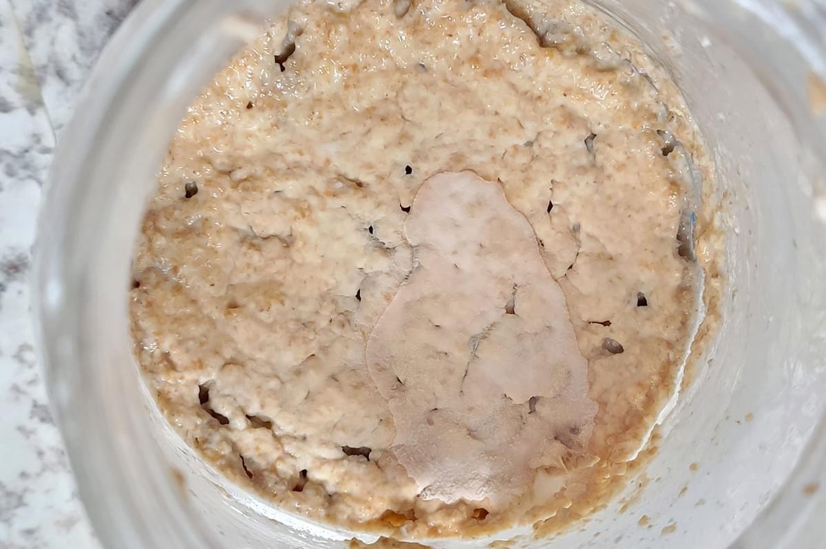 A highly magnified close-up looking down into a jar of sourdough starter showing an area of light-colored, possibly pink or white mold growing on the surface, indicating the starter is contaminated.