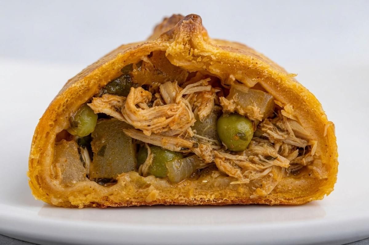 Close-up cross-section of chicken salteña revealing shredded chicken, green peas, and vegetables inside golden crust