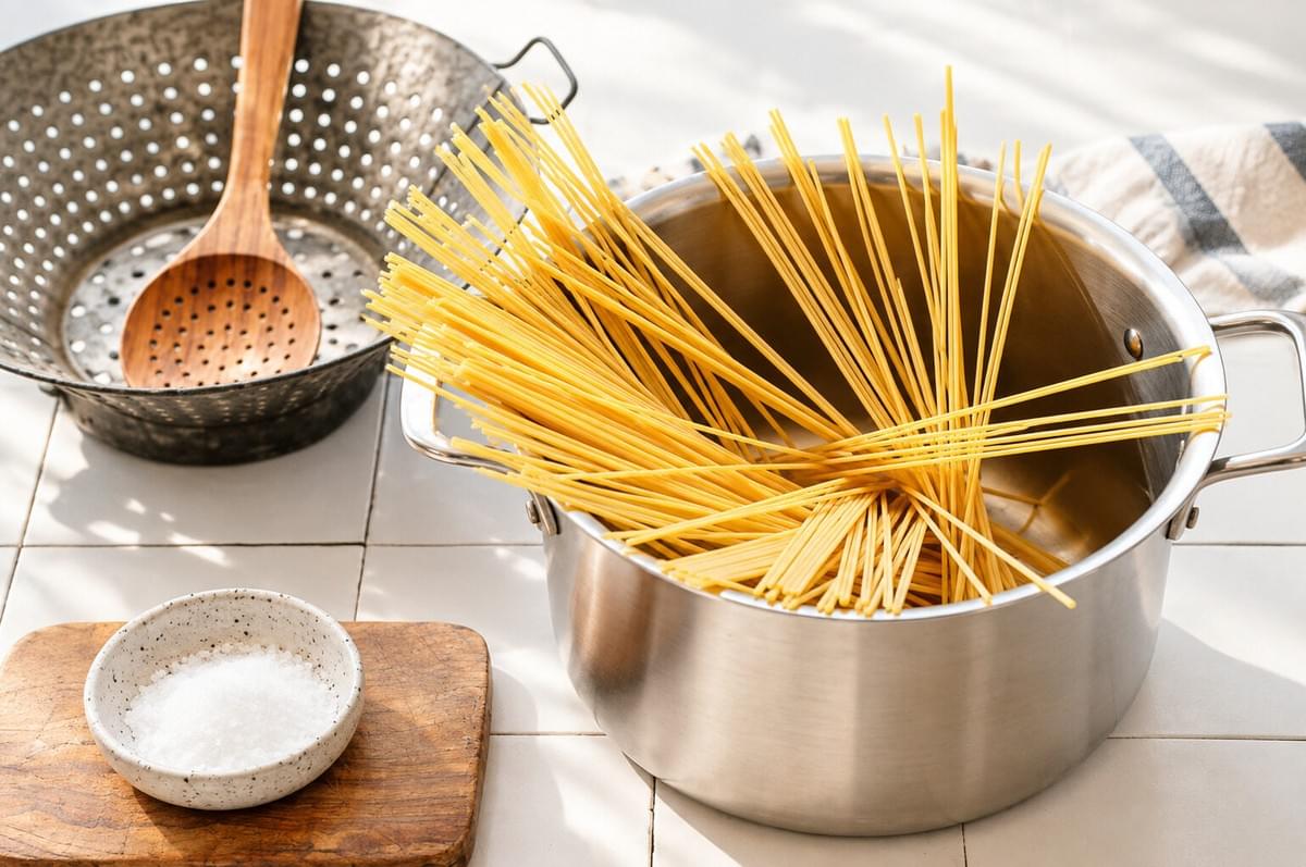 Uncooked spaghetti noodles fanned out inside a large stockpot next to salt and a colander.
