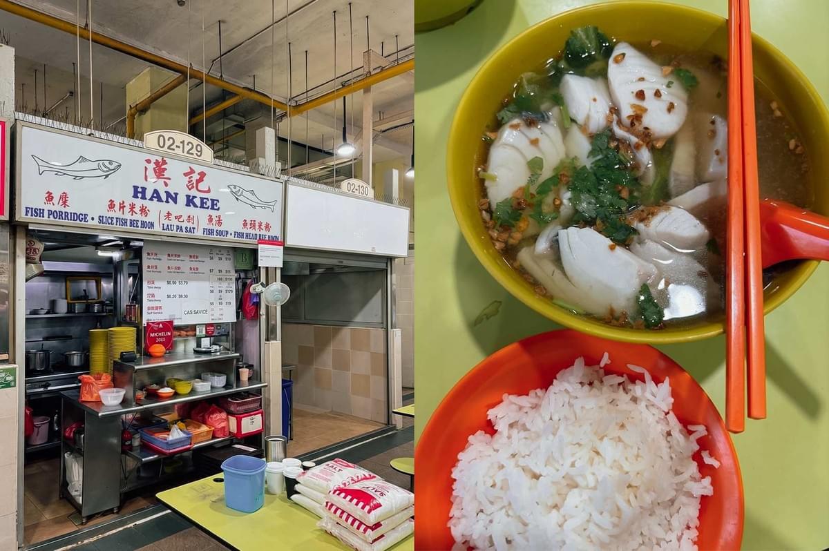 A composite image featuring the interior and dishes from Tangled fresh pasta shop in Raffles Place. The left panel shows empty seating with light wood tables, black stools, and a glowing "FRESH PASTA" neon sign on a grey wall. The top-right panel shows squid ink pasta topped with whole grilled prawns, cherry tomatoes, mango, and herbs in a white paper bowl. The bottom-right panel shows pasta tossed with scallops, orange tobiko (fish roe), and seasonings.