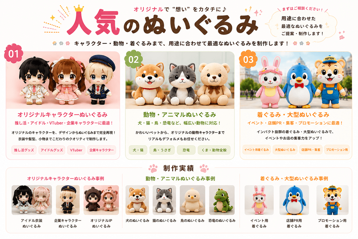 YSTTOYでは、オリジナルキャラクターぬいぐるみ、動物ぬいぐるみ、着ぐるみなど、人気のぬいぐるみ制作に対応しています。販売用・イベント用・企業PR・アニメグッズなど、用途に合わせたオリジナルぬいぐるみを一から制作いたします。