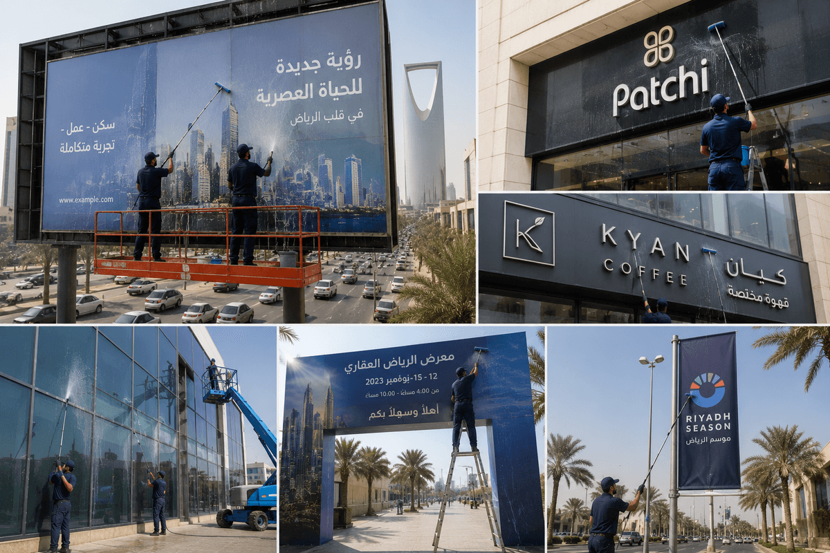 عمال تنظيف اللوحات الإعلانية الكبيرة باستخدام رافعة البناء في الرياض
