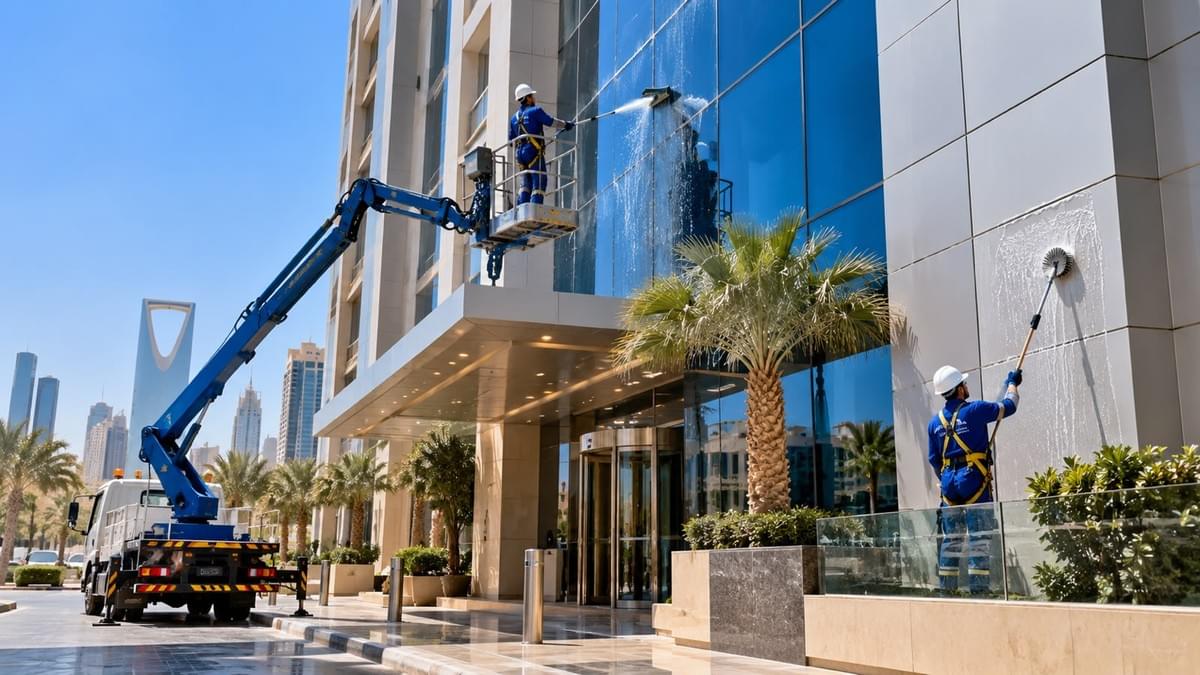 تنظيف واجهات فنادق بالرياض باستخدام رافعة ومع تنظيف واجهات فنادق بالرياض باستخدام رافعة ومع