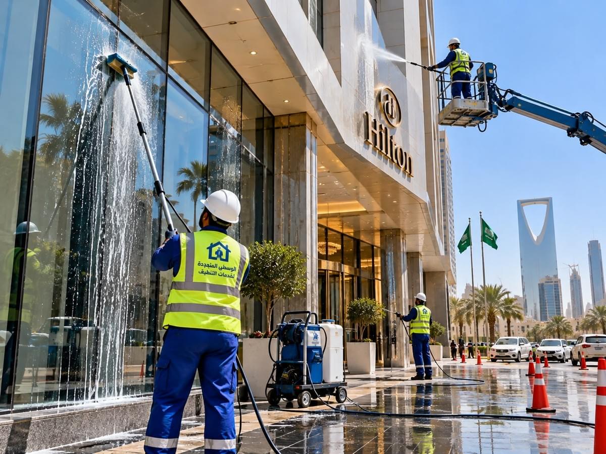 تنظيف واجهات فنادق بالرياض بواسطة فريق متخصص يستخدم معدات تنظيف الزجاج والكلادينج ورافعة هيدروليكية لغسيل الواجهات الخارجية والمداخل الزجاجية للفنادق. تنظيف واجهات فنادق بالرياض بواسطة فريق متخصص يستخدم معدات تنظيف الزجاج والكلادينج ورافعة هيدروليكية لغسيل الواجهات الخارجية والمداخل الزجاجية للفنادق.
