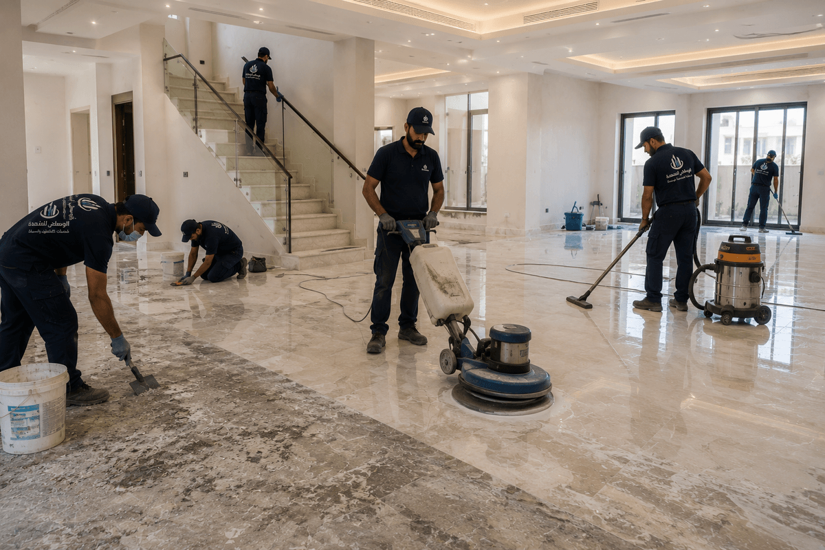 متخصصون بتنظيف ارضيات الفلل الجديدة بعد التشطيب وقبل السكن بالرياض لعام 2026