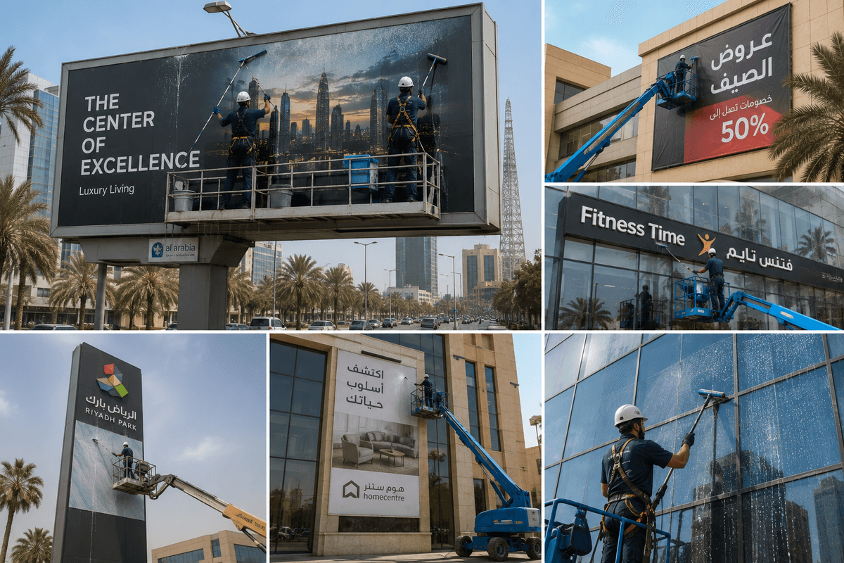 عمال تنظيف اللوحات التجارية والبنرات بالرياض باستخدام معدات الحديثة