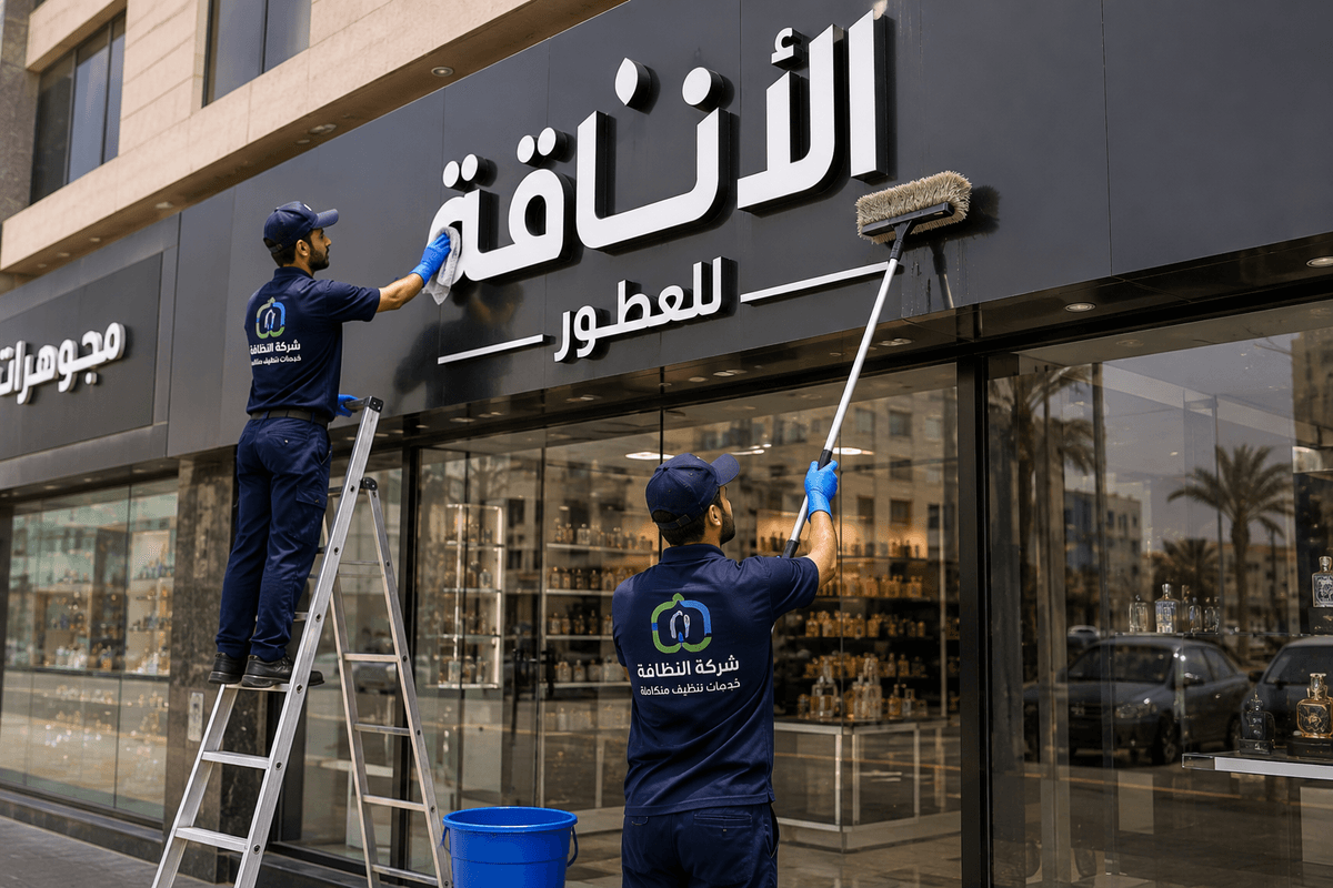 تنظيف الحروف البارزة واللوحات الإعلانية على واجهة محل بالرياض