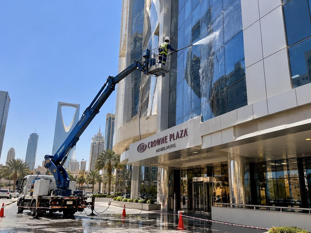 تنظيف واجهات فنادق بالرياض باستخدام رافعة هيدروليكية ومعدات متخصصة لغسيل الزجاج والكلادينج الخارجي وإزالة الأوساخ وآثار الغبار من واجهات المباني الفندقية. تنظيف واجهات فنادق بالرياض باستخدام رافعة هيدروليكية ومعدات متخصصة لغسيل الزجاج والكلادينج الخارجي وإزالة الأوساخ وآثار الغبار من واجهات المباني الفندقية.
