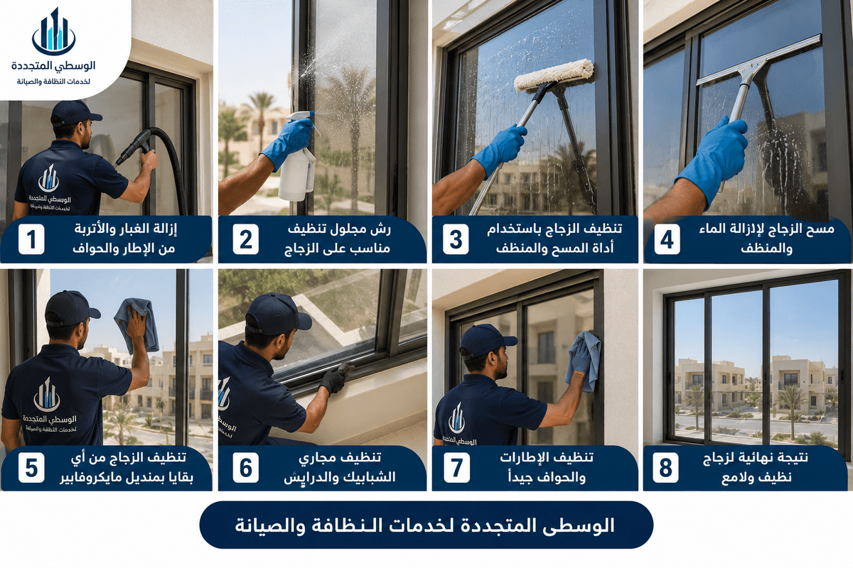 عامل متخصص في تنظيف درايش ونوافذ المنازل باستخدام أدوات تنظيف الزجاج